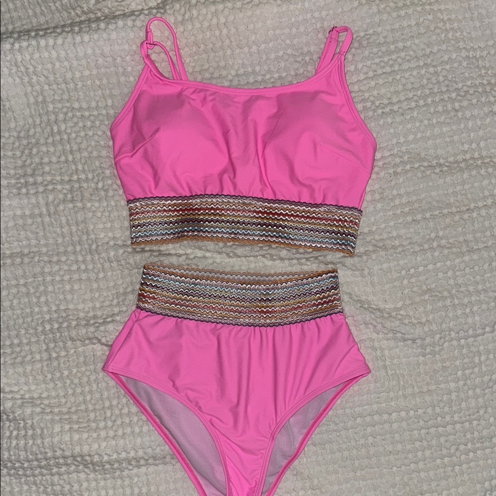 Pink Bikini Set with Zigzag Waistband
